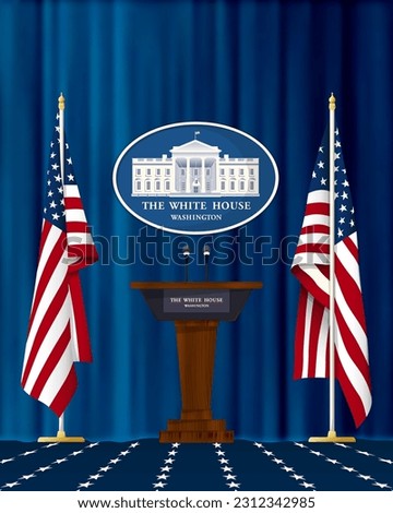 White House press podium with USA flags, vector illustration