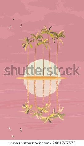 Moonset background with palm trees island and seagulls, abstract art vector background composition