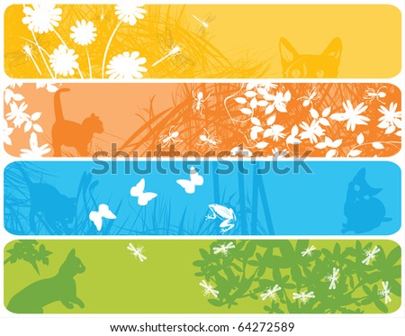Spring headers with hand drawn animals and flowers, foliage