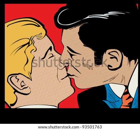 Pop art gay couple kissing, comic style graphic