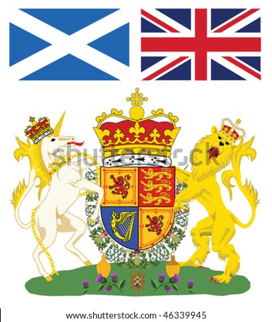 Scottish royal coat of arms with flags of Scotland and Great Britain