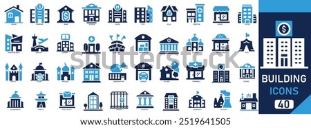 Building flat icons set. Bank, shop, office, school, hotel, church, public building icons and more signs. Flat icon collection.