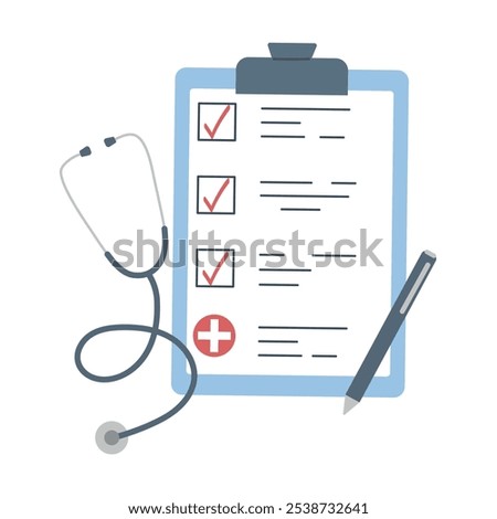 Medical Checklist with Stethoscope and Pen, Vector illustration of a medical checklist clipboard with checkmarks, accompanied by a stethoscope and a pen