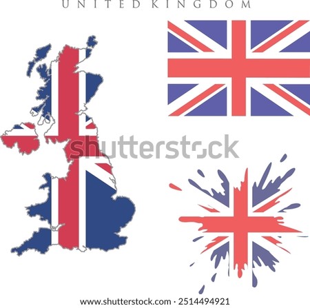 UK map with flag imbedded inside with 2 United Kingdom flags  and straight flag vector illustration .Map of the country of the United Kingdom. Detailed vector map of the United Kingdom by region. 