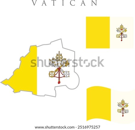 Vatican city flag with map . Vatican map and inside two waving flag . Vatican vector illustration .Vatican City Flag, Flag of City