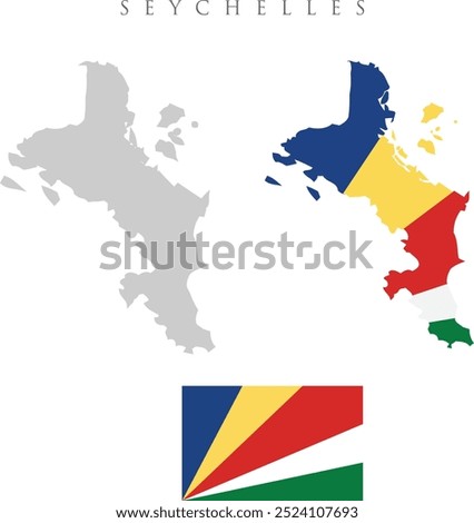 Shape map and flag of Seychelles country. Eps.  national flag and map of Seychelles . flag of Seychelles . vector art illustration on white background . official color of flag and map of Seychelles