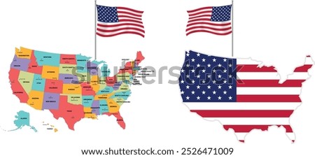 America officIal map and colorful map design in white background America independnece day design map two different map and upper side two stand flag vector illustration on white background 