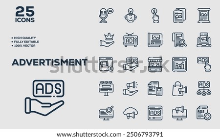 Advertisement icon. Editable Stroke icon contains Digital Marketing, Billboard ads, online ads and bus ads. Stroke icon collection Outline icon