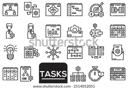 Task icon set. Containing project, to-do list, job, workflow, clipboard, multitasking, assignment and more. Solid vector icons collection.