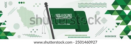 Saudi Arabia national day banner, flag And Map colors background and geometric abstract modern green white design. Kingdom of Saudi Arabia flag independence day corporate business theme.