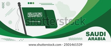  Saudi Arabia national day banner, flag colors background and geometric abstract modern green white design. Kingdom of Saudi Arabia flag independence day corporate business theme. Vector Illustration.