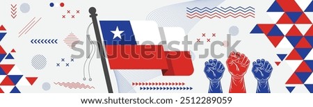 Chile Independence day. Chile National day banner with abstract shapes. Chile flag. Red blue triangles with raised hands or fists.