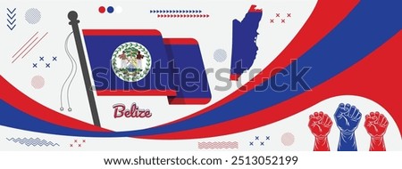 Belize Independence or National Day Banner, Belize flag with raised fists, Belize map And flag with calligraphy Red Blue background 