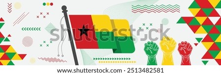 Guinea Bissau National day or Independence banner with retro abstract geometric shapes. Guinea Bissau flag with rise hand.	