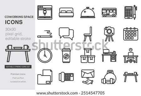 Coworking space icon collection set. Containing workers, cost savings, share, convenience, receptionist, home office, remote icon. Simple line vector.