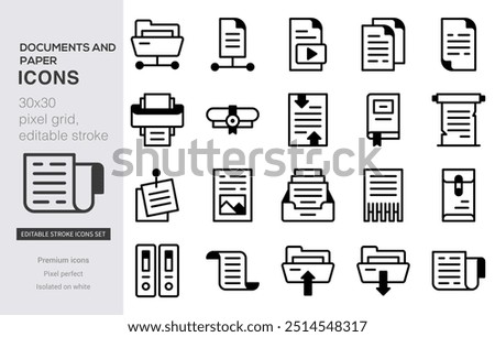 Document icons Pixel perfect. Document icon set. Set of 20 outline icons related to document, files, message, security. Linear icon collection. Editable stroke. Vector illustration.