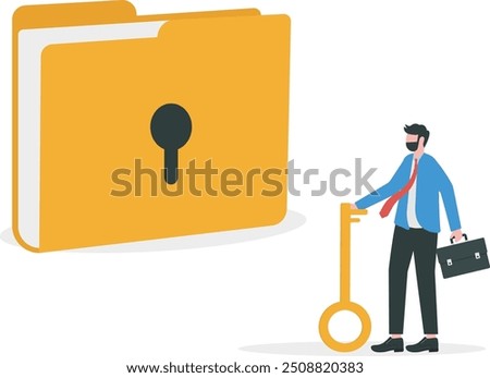 Security system. businessman holding a lock looking at a locked folder, Accountancy, Analyzing, Banking

