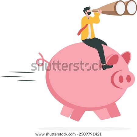 Financial future, discover investment opportunity, mutual fund or stock market pension fund, wealth management or savings concept, businessman riding piggybank look through binoculars to see future.

