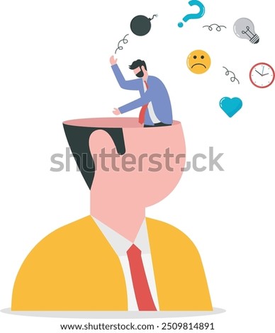 Declutter your mind, clear your brain to regain focus, improve creative thinking ability, free up memory concept, ambitious businessman declutter, clean and clear all messy anxiety from his big head.
