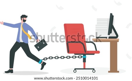 Office job work hard like a slave, overworked with busy and urgent assignment, exhausted or stressful responsibility concept, depressed businessman prisoner found himself chained with working desk.

