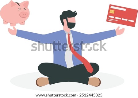 Financial discipline, saving money or investing strategy, routine or practice to invest or building wealth or pay off debt concept, ambitious man meditate with credit card and piggy bank.

