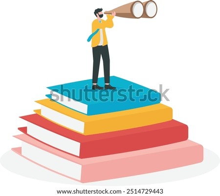 Book or education to help career advancement, knowledge or wisdom for business visionary, leadership or opportunity concept, confidence businessman leader on high books stack look through telescope.

