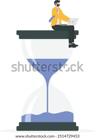 Businessman in sitting on an hourglass and working on laptop.productivity and time management concept.

