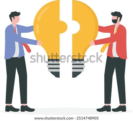 Business metaphor of a joint venture, partnership or teamwork. busines man putting together light bulb shaped puzzle.

