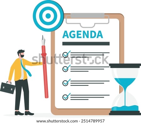 Meeting agenda, priority important task for discussion, objective or purpose to finish, planner or checklist for office work concept, smart businessman hold pencil write meeting agenda with timer.

