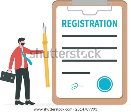 Company registration service, start new business, legal term or ownership entrepreneur assistant, confident businessman holding pen success sign company document with stamped.

