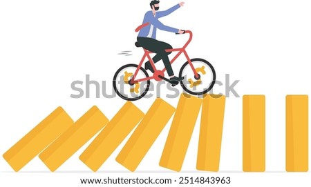 Business disruption, new disruptive innovation change, transform business and disrupt existing competitor company concept, smart innovative businessman surf fast bicycle hit all dominos collapse.

