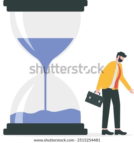 Wasting time waiting and never start new business, time fly or ineffective thinking or laziness concept, depressed businessman time passing sandglass or hourglass.

