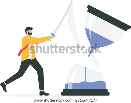 Time Allocation. businessman cuts an hourglass with a knife

