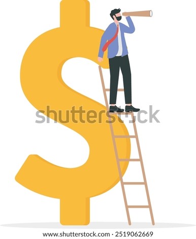 Vision for global financial or economy, business opportunity or investment forecast concept, smart confident businessman standing on US dollar money sign using telescope to see future prediction.

