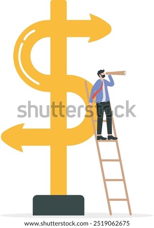 Money decision, investment choice or option to make profit, buy or rent, pay off debt or invest, select best earning asset, confused businessman investor choose dollar direction signs.

