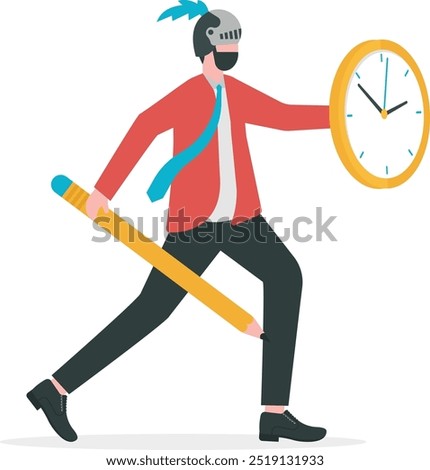 Fight procrastination for productivity master or efficiency professional, time management or project deadline challenge concept, businessman wearing knight helm using clock shield and pencil sword.

