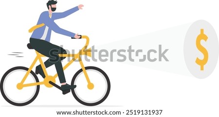 Businessman team riding a bicycle with flashlight and searching dollar sign. Concept currency, Financial, Successful

