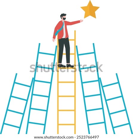 Business man on a climb up ladder reaches stars target on sky. Achieve goal and dream,goal, achievement or opportunity career development concept vector
