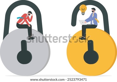 Two Big key with thick growth mindset different fixed mindset concept vector

