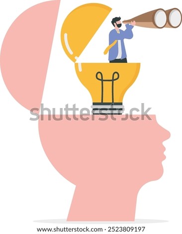 Creativity searching , businessman open lightbulb idea using binoculars to see business vision to discover new solution or idea, curiosity, searching for success concept vector illustrator

