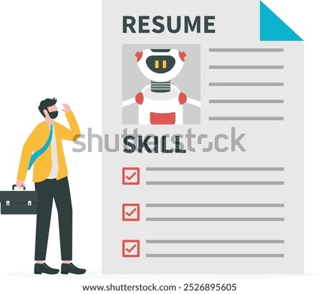 Artificial Intelligence AI replacement on human workforce, job or employment, AI candidate, machine or automation to work position concept, businessman HR consider robot AI resume to fill in job.

