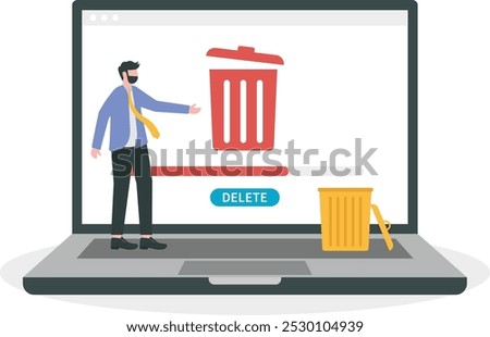 Man cleaning computer, pc, laptop with trash can sign. User removing folder with document to waste bin. Concept of delete file, cleaning computer, removing process. Flat vector illustration for UI

