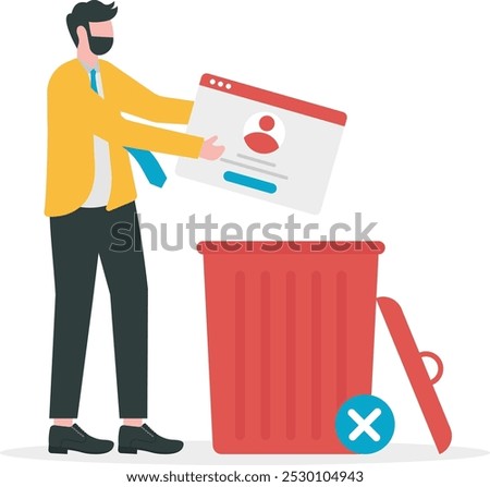 businessman standing with an account or profile and trash can. User deleting social accounts to waste bin. Concept of delete profile, account deactivation, remove data files or page. Flat vector illus