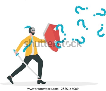 Business problem solving. Businessman with shield protects from question mark attack

