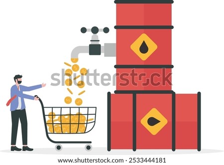 profits from the crude oil industry or investments, businessman who collects gold coins from the tap of an oil barrel using a shopping cart concept vector illustration
