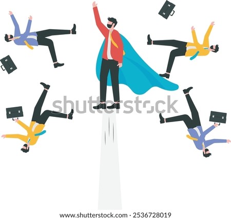 A bunch of businessmen fall but one businessman takes off upwards, business competition and business opportunity, career promotion and self-improvement, businessman standing out

