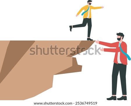 Aid and assistance, business support or help and guidance in difficult crises, giants standing on the edge of a cliff helping small businessmen on the edge of a cliff
