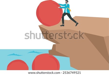 Businessman pushes down the stone to fill the sea, business concept, vector illustration

