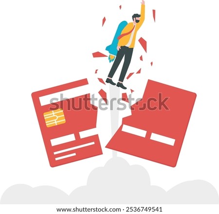 Businessman rushed to the sky and smashed credit card, business concept, vector illustration

