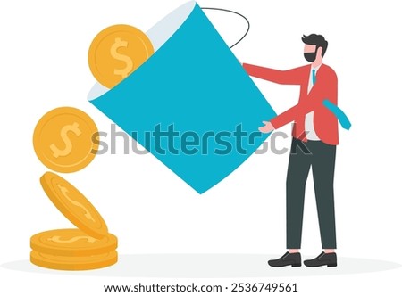 Businessman pushes down vat filled with gold coins, business concept, vector illustration

